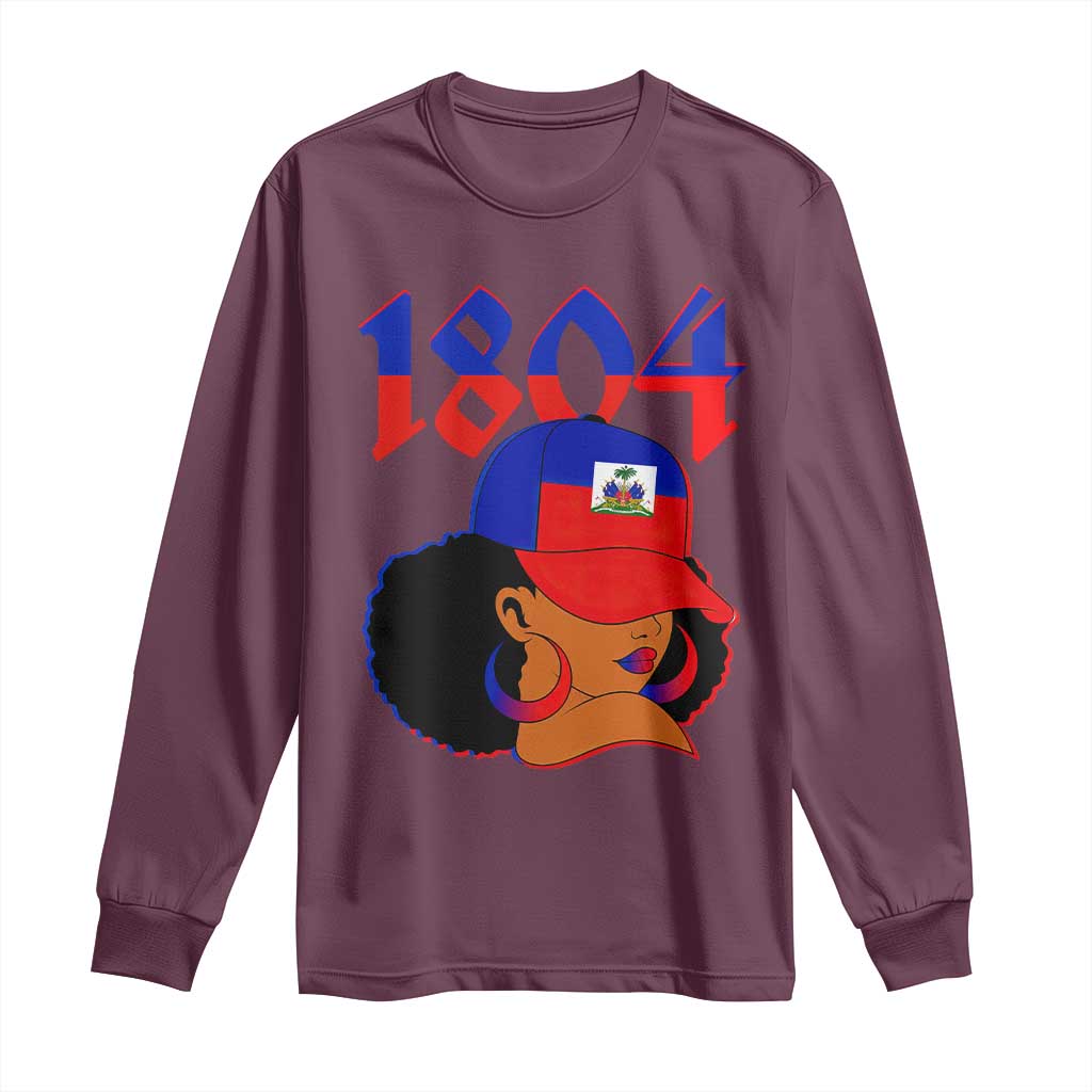 Haiti 1804 Curly Afro Queen Hoop Earrings Style Graphic Long Sleeve Shirt Haitian Heritage Pride