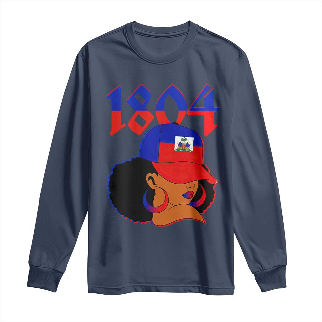 Haiti 1804 Curly Afro Queen Hoop Earrings Style Graphic Long Sleeve Shirt Haitian Heritage Pride