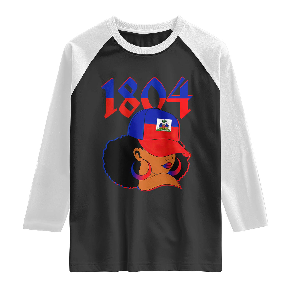 Haiti 1804 Curly Afro Queen Hoop Earrings Style Graphic Raglan Shirt Haitian Heritage Pride