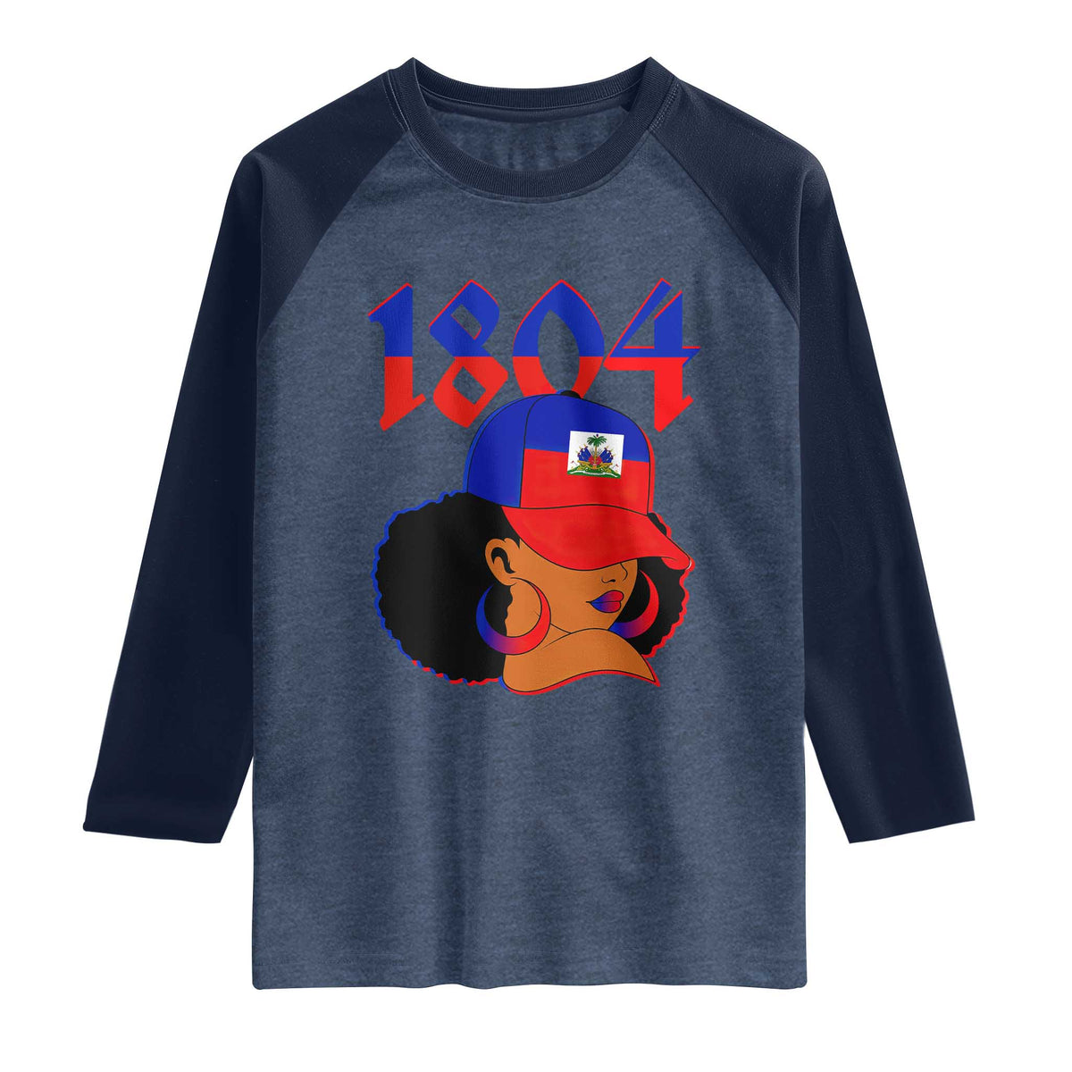 Haiti 1804 Curly Afro Queen Hoop Earrings Style Graphic Raglan Shirt Haitian Heritage Pride