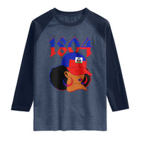Haiti 1804 Curly Afro Queen Hoop Earrings Style Graphic Raglan Shirt Haitian Heritage Pride
