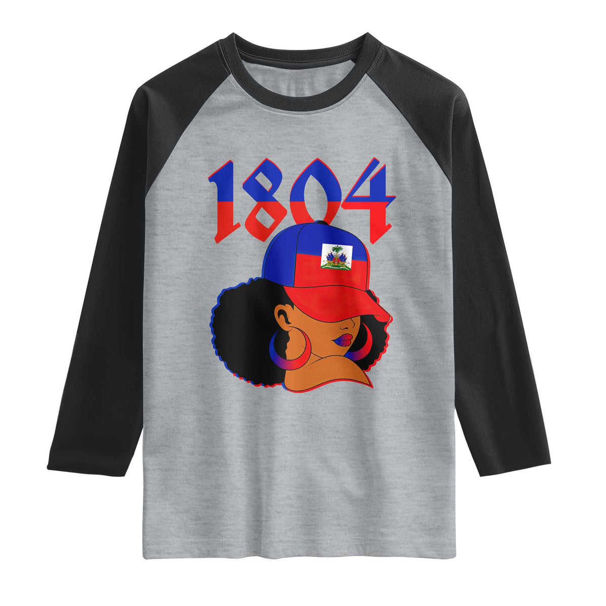 Haiti 1804 Curly Afro Queen Hoop Earrings Style Graphic Raglan Shirt Haitian Heritage Pride