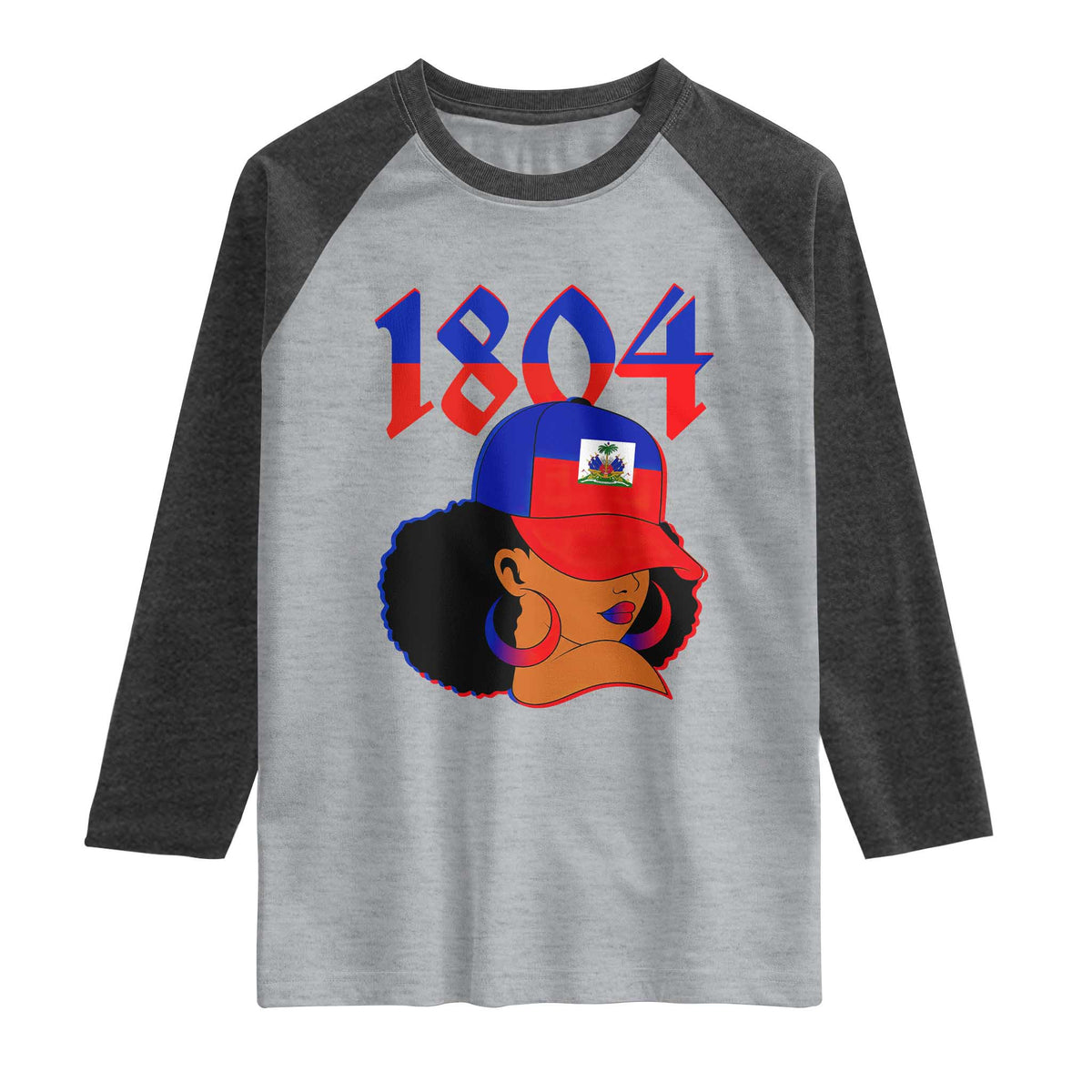 Haiti 1804 Curly Afro Queen Hoop Earrings Style Graphic Raglan Shirt Haitian Heritage Pride