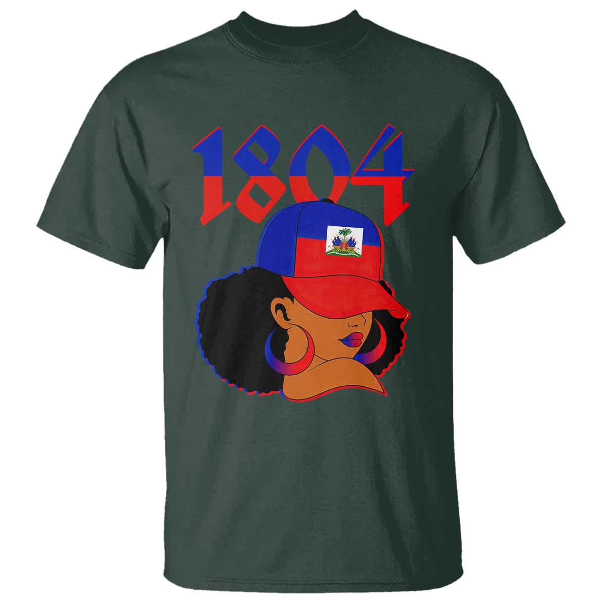 Haiti 1804 Curly Afro Queen Hoop Earrings Style Graphic T Shirt Haitian Heritage Pride