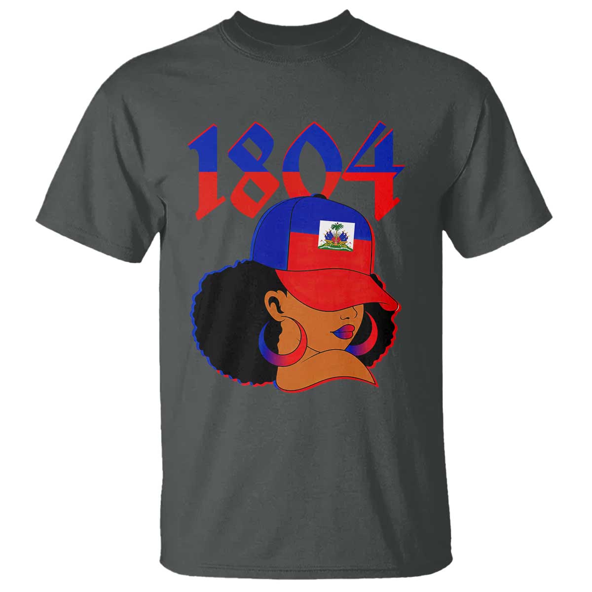 Haiti 1804 Curly Afro Queen Hoop Earrings Style Graphic T Shirt Haitian Heritage Pride