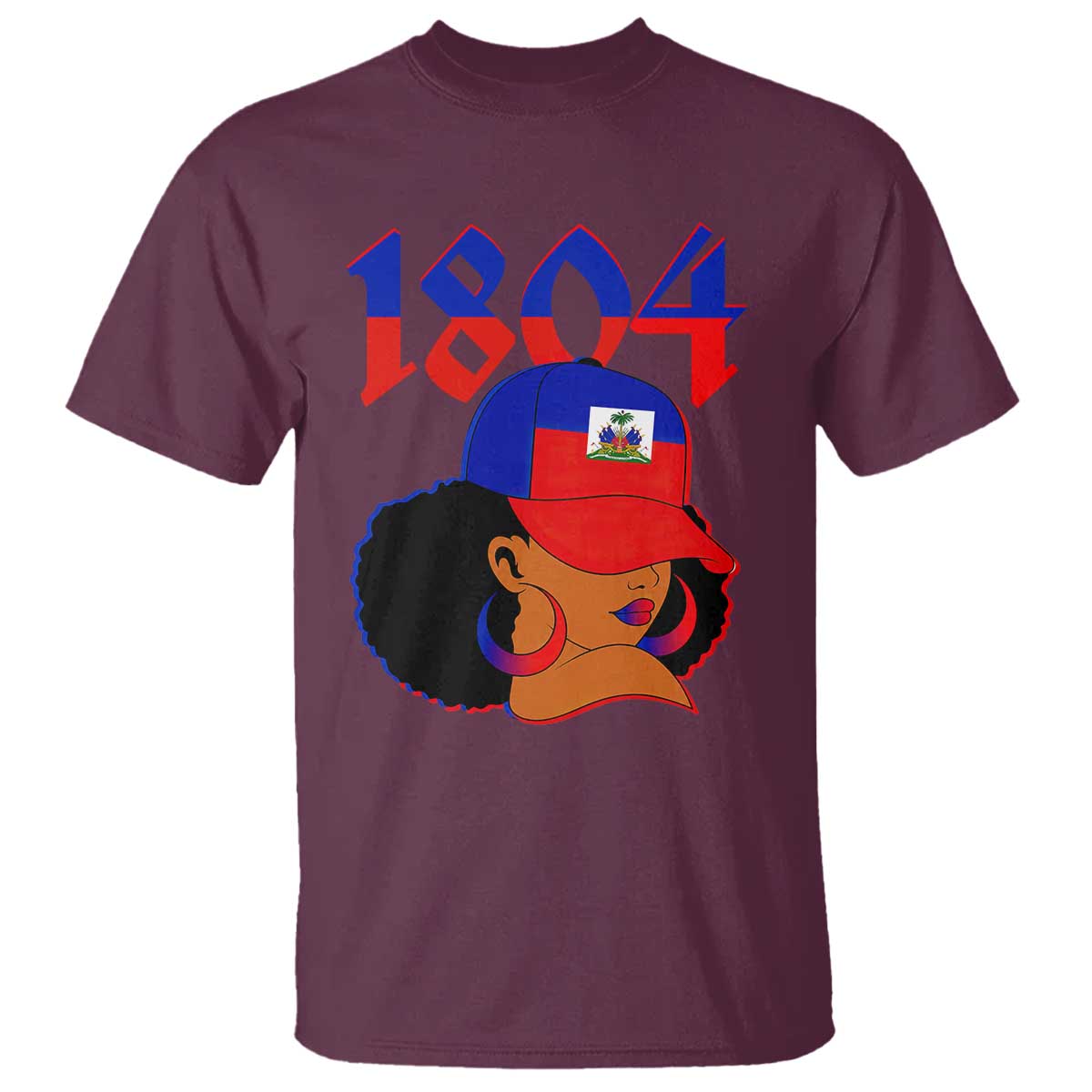 Haiti 1804 Curly Afro Queen Hoop Earrings Style Graphic T Shirt Haitian Heritage Pride
