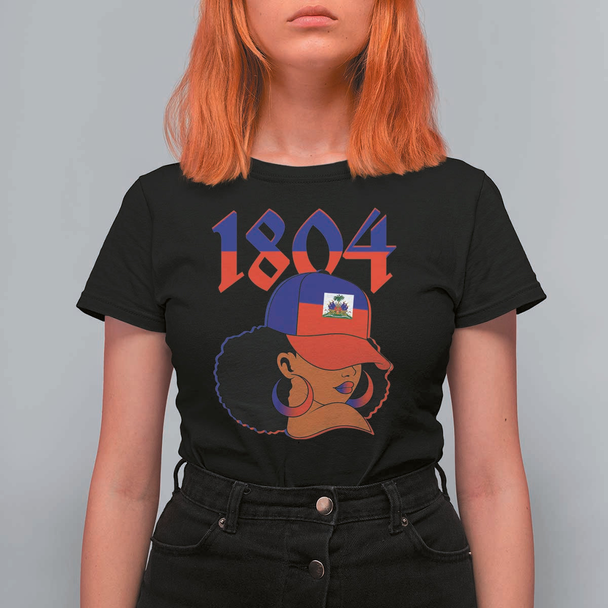 Haiti 1804 Curly Afro Queen Hoop Earrings Style Graphic T Shirt For Women Haitian Heritage Pride