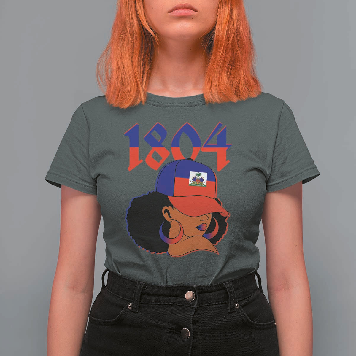 Haiti 1804 Curly Afro Queen Hoop Earrings Style Graphic T Shirt For Women Haitian Heritage Pride