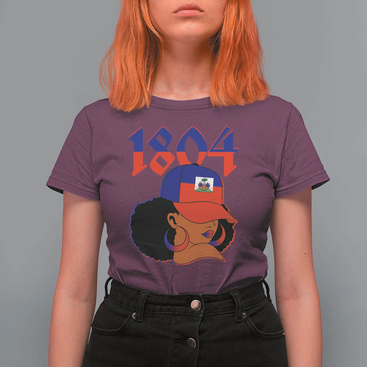 Haiti 1804 Curly Afro Queen Hoop Earrings Style Graphic T Shirt For Women Haitian Heritage Pride