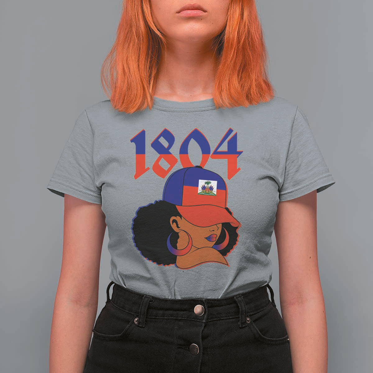 Haiti 1804 Curly Afro Queen Hoop Earrings Style Graphic T Shirt For Women Haitian Heritage Pride