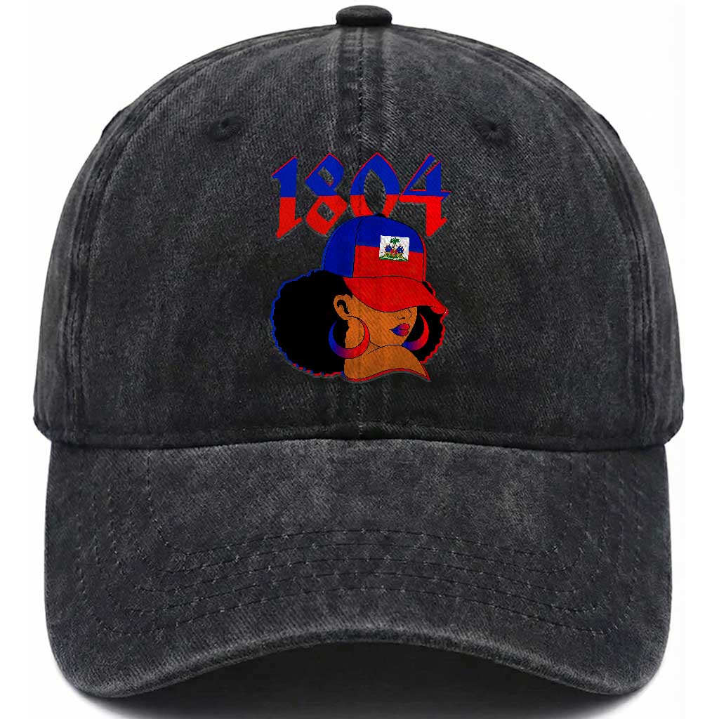 Haiti 1804 Curly Afro Queen Hoop Earrings Style Graphic Washed Cotton Baseball Cap Haitian Heritage Pride