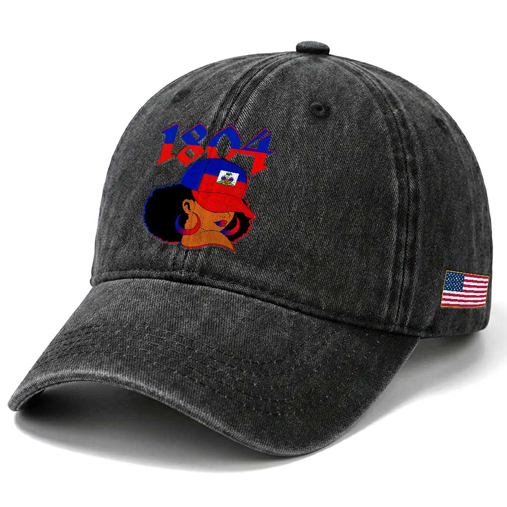 Haiti 1804 Curly Afro Queen Hoop Earrings Style Graphic Washed Cotton Baseball Cap Haitian Heritage Pride