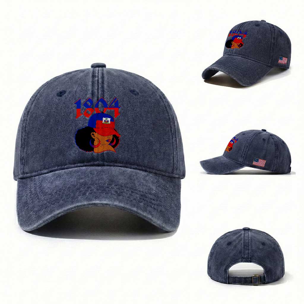 Haiti 1804 Curly Afro Queen Hoop Earrings Style Graphic Washed Cotton Baseball Cap Haitian Heritage Pride