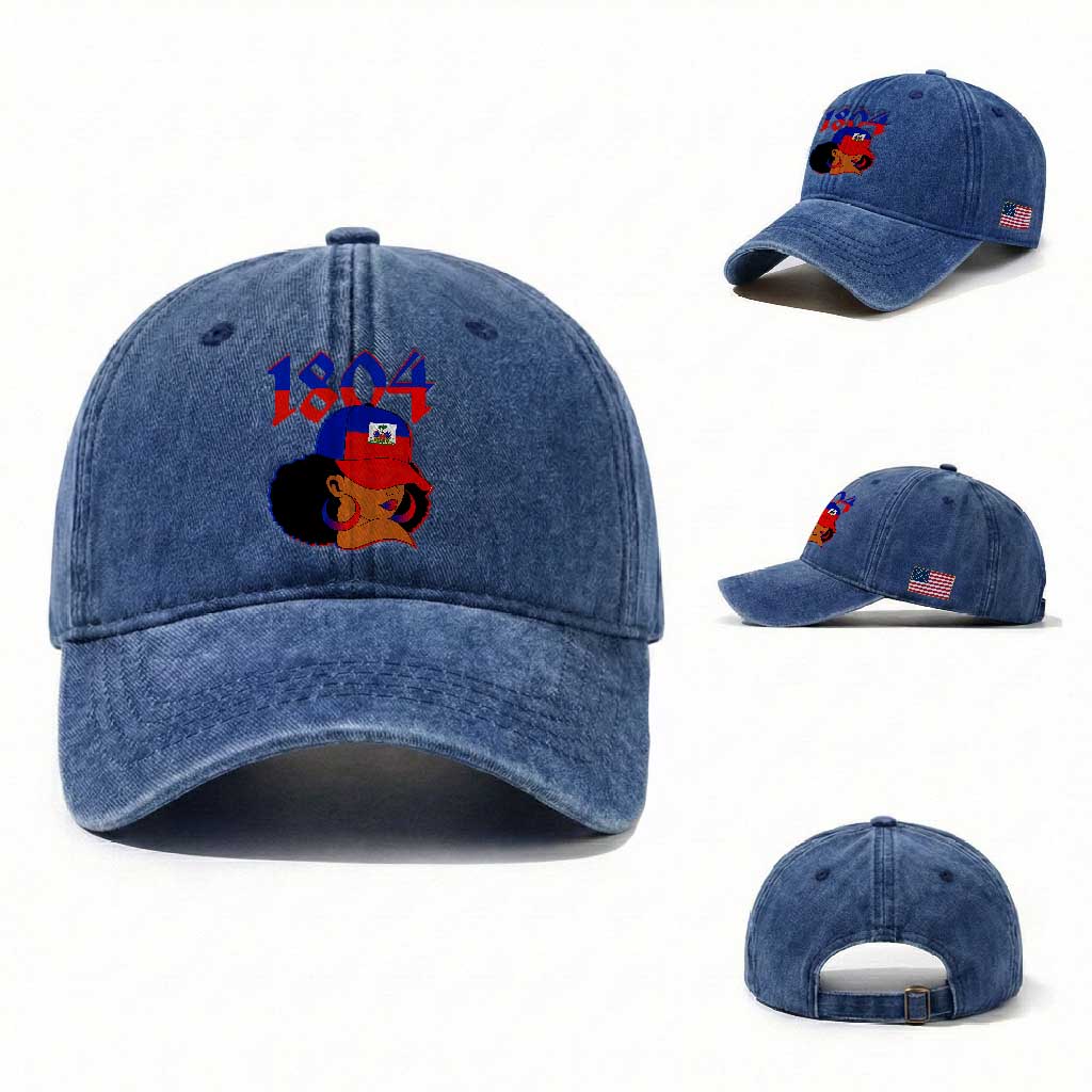 Haiti 1804 Curly Afro Queen Hoop Earrings Style Graphic Washed Cotton Baseball Cap Haitian Heritage Pride