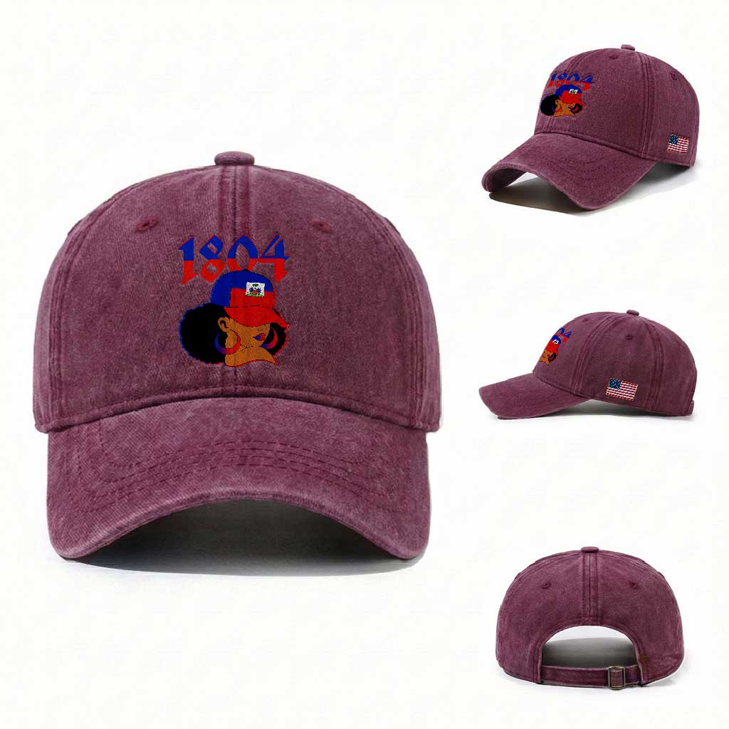 Haiti 1804 Curly Afro Queen Hoop Earrings Style Graphic Washed Cotton Baseball Cap Haitian Heritage Pride