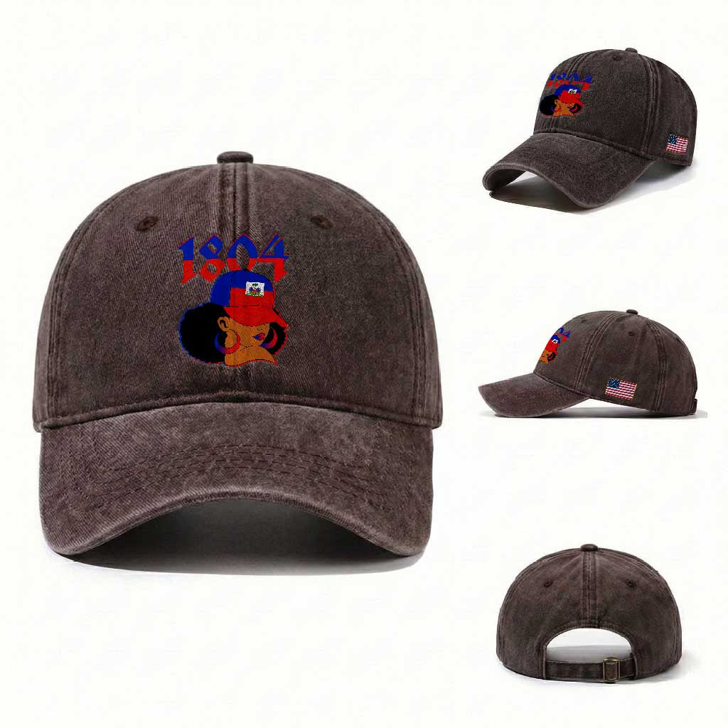 Haiti 1804 Curly Afro Queen Hoop Earrings Style Graphic Washed Cotton Baseball Cap Haitian Heritage Pride