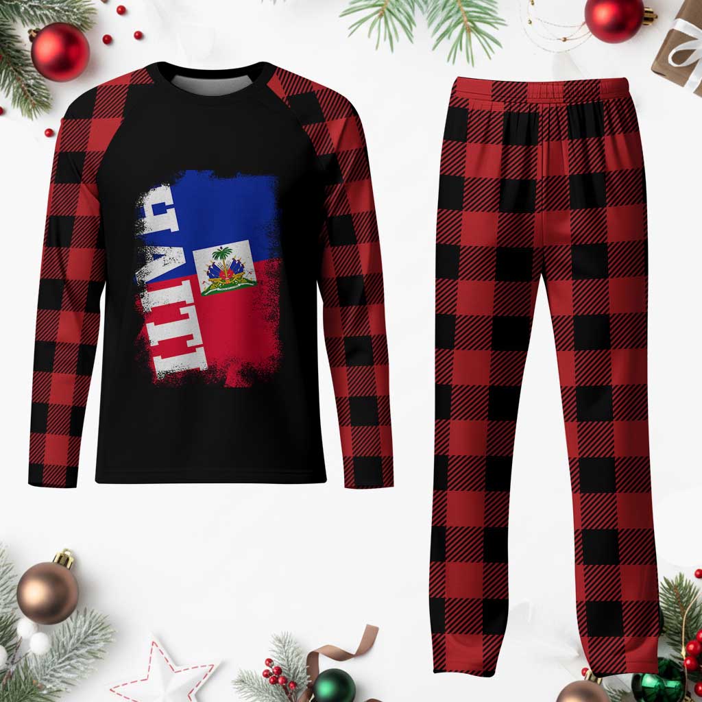 Haiti Flag Distressed Flag Graphic Plaid Pajama Set Haitian Heritage Pride