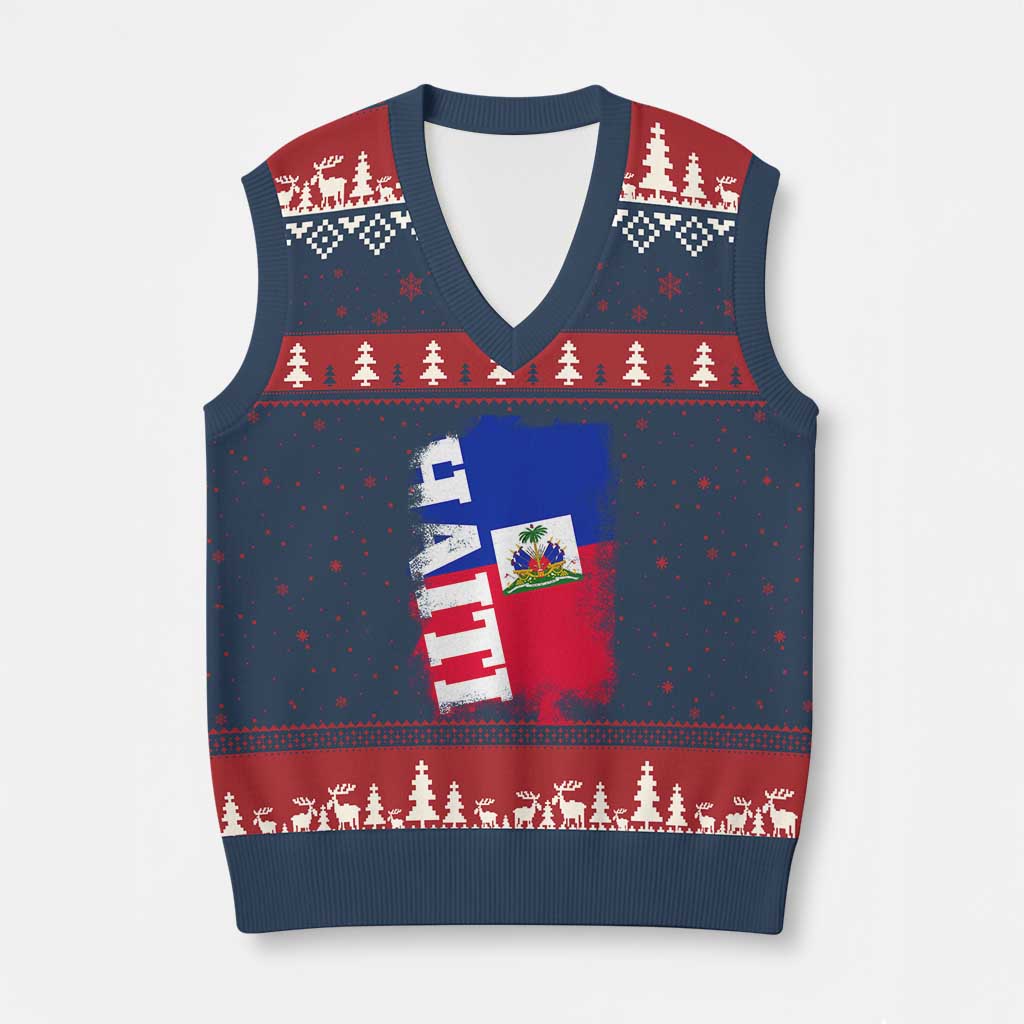 Haiti Flag Distressed Flag Graphic V-Neck Knit Sweater Vest Haitian Heritage Pride