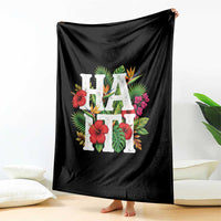 Haiti Tropical Floral Hibiscus Palm Leaves Island Graphic Throw Blanket Haitian Heritage Pride