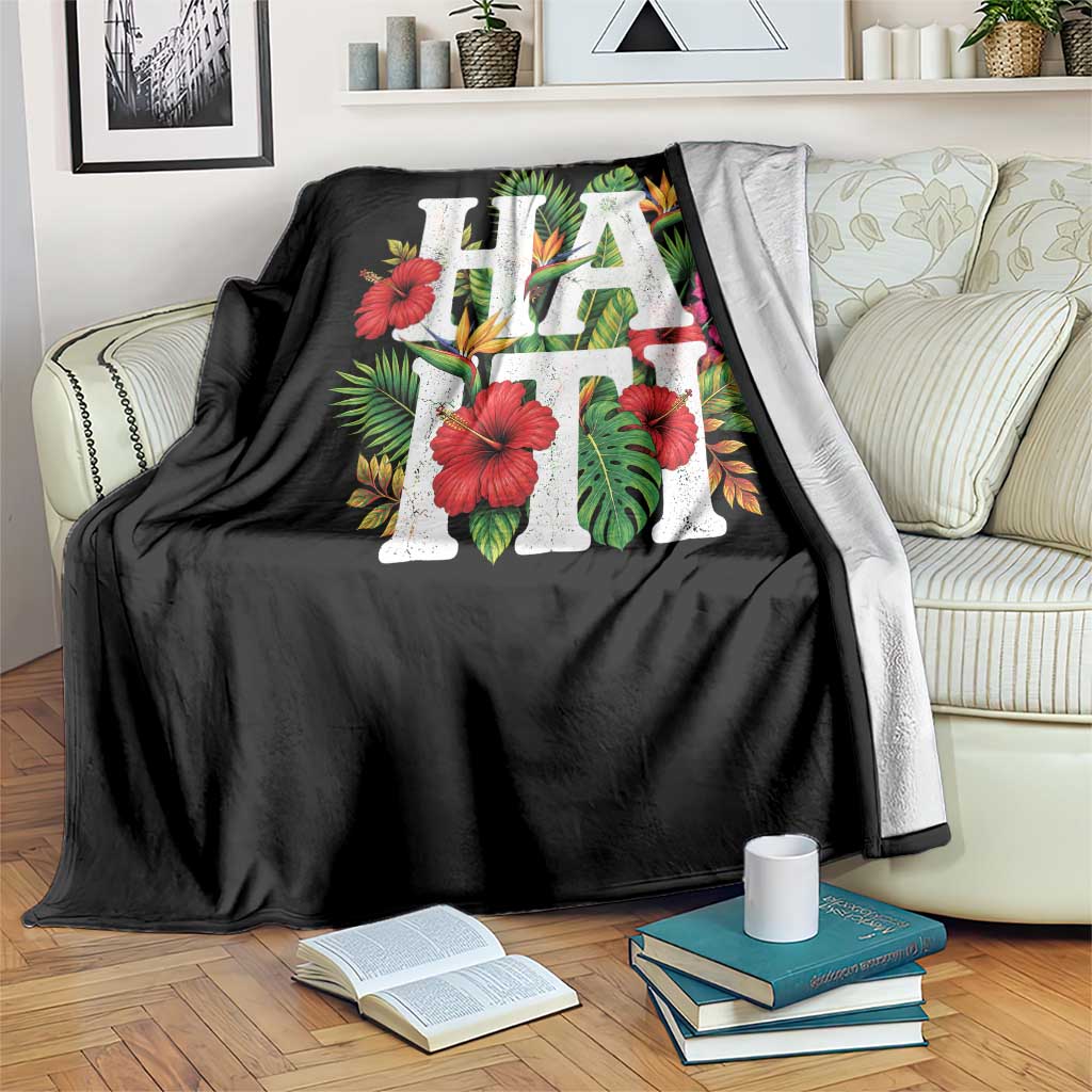 Haiti Tropical Floral Hibiscus Palm Leaves Island Graphic Throw Blanket Haitian Heritage Pride