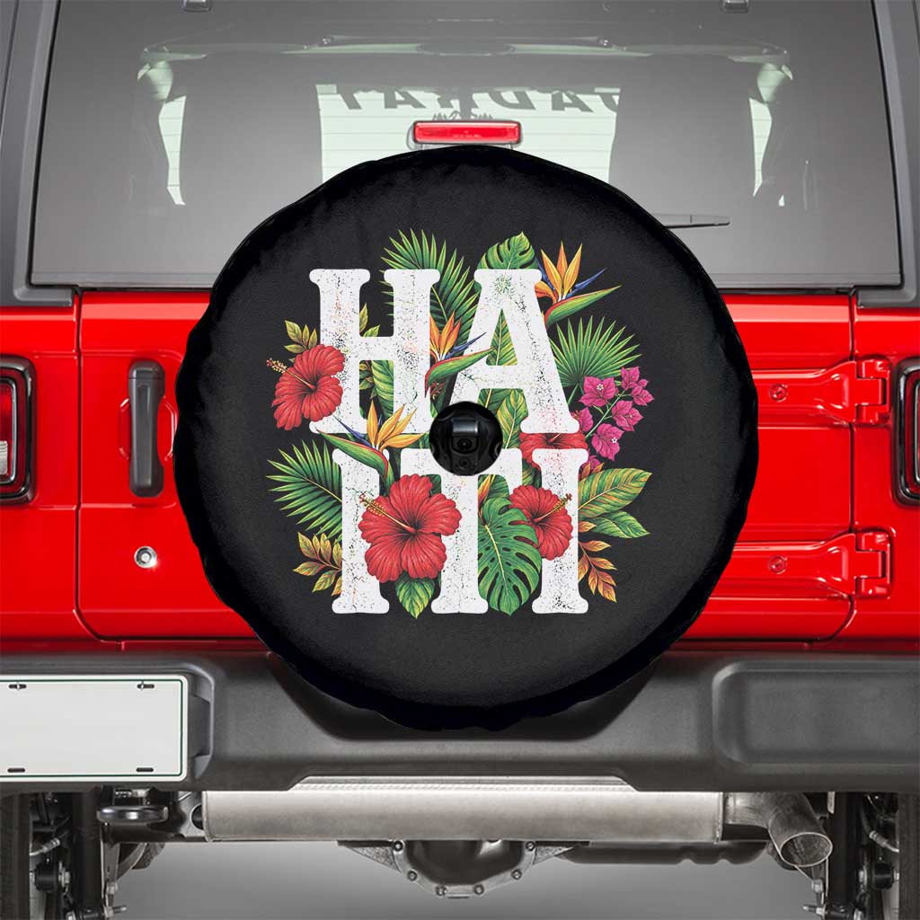 Haiti Tropical Floral Hibiscus Palm Leaves Island Graphic Spare Tire Cover Haitian Heritage Pride