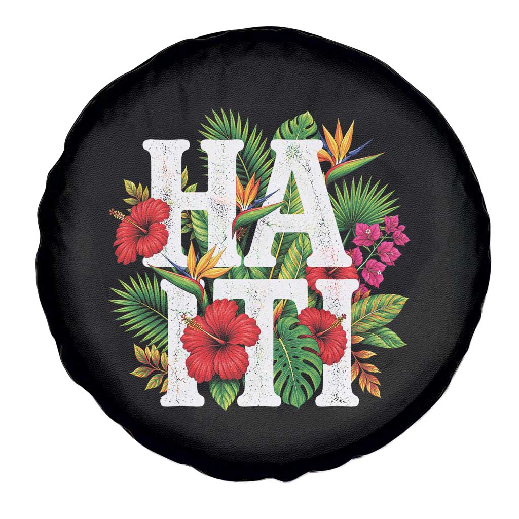 Haiti Tropical Floral Hibiscus Palm Leaves Island Graphic Spare Tire Cover Haitian Heritage Pride