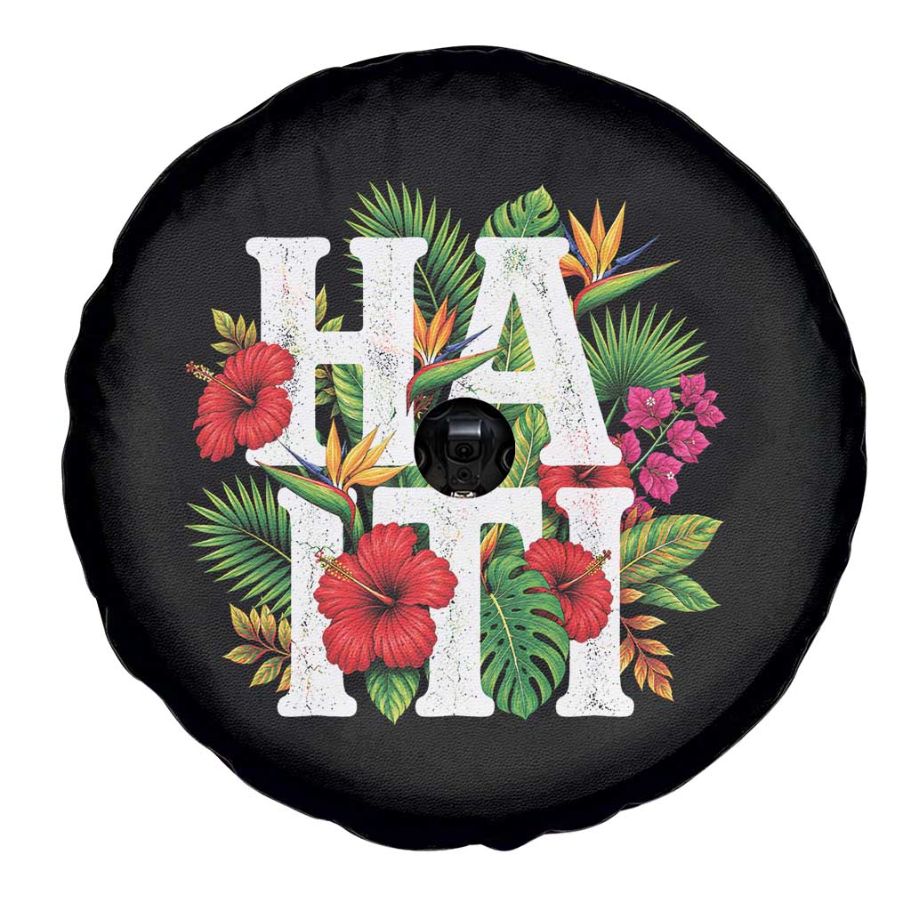 Haiti Tropical Floral Hibiscus Palm Leaves Island Graphic Spare Tire Cover Haitian Heritage Pride