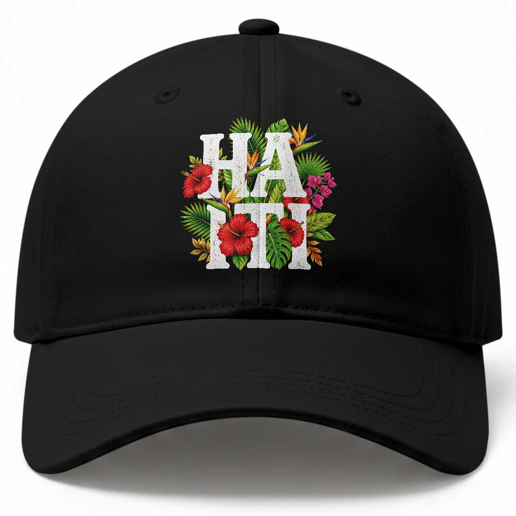 Haiti Tropical Floral Hibiscus Palm Leaves Island Graphic Baseball Cap Haitian Heritage Pride