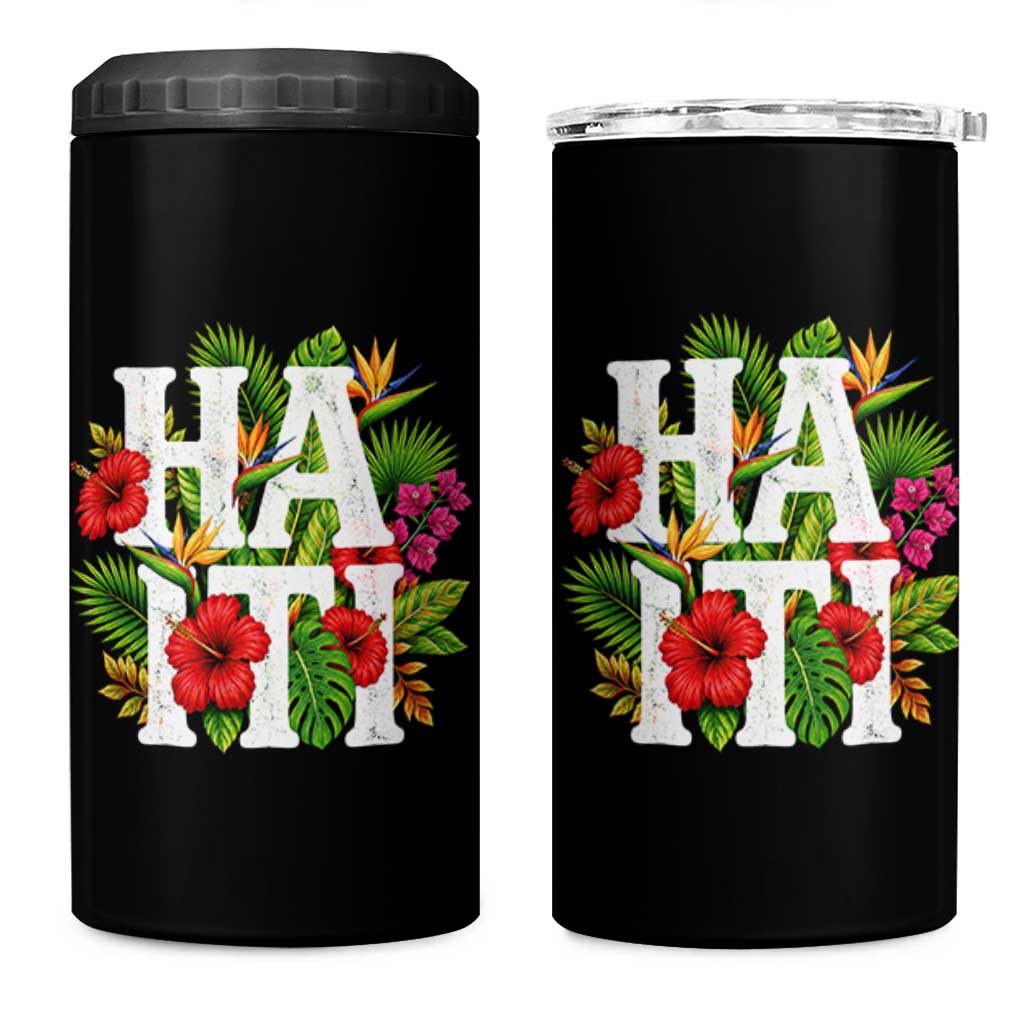 Haiti Tropical Floral Hibiscus Palm Leaves Island Graphic 4 in 1 Can Cooler Tumbler Haitian Heritage Pride