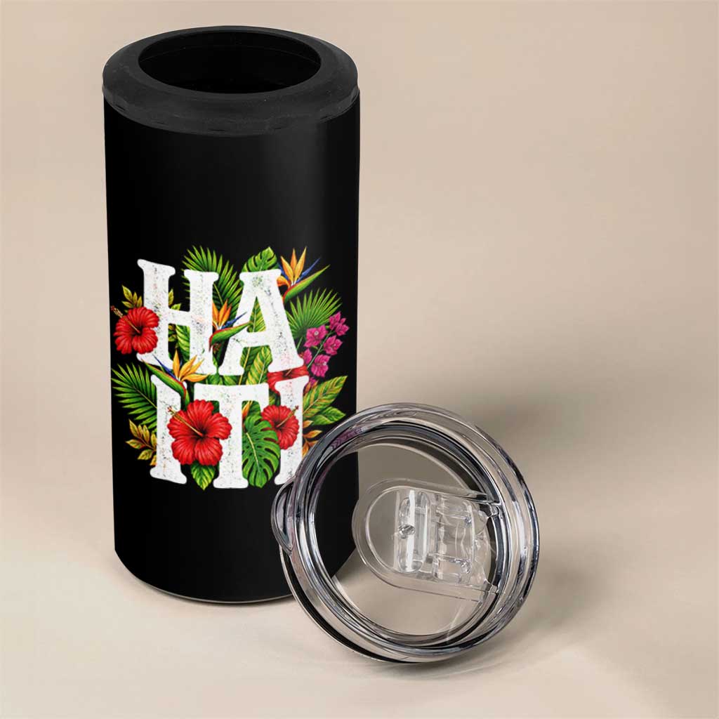 Haiti Tropical Floral Hibiscus Palm Leaves Island Graphic 4 in 1 Can Cooler Tumbler Haitian Heritage Pride