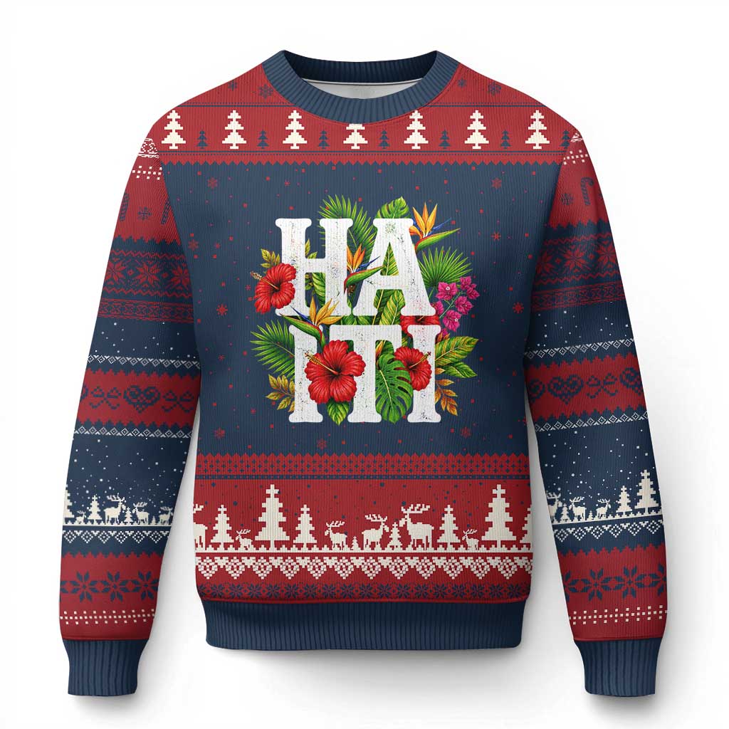 Haiti Tropical Floral Hibiscus Palm Leaves Island Graphic Ugly Christmas Sweater Haitian Heritage Pride