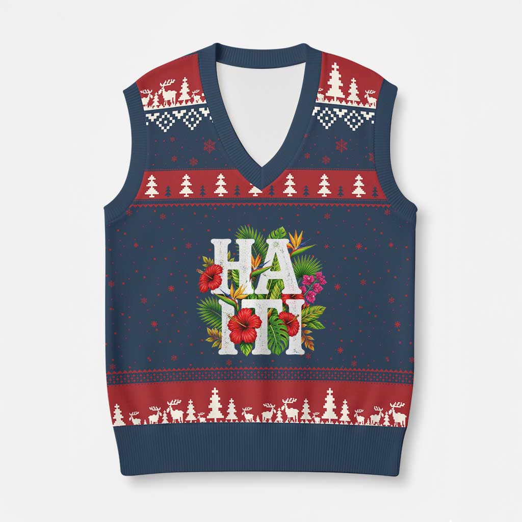 Haiti Tropical Floral Hibiscus Palm Leaves Island Graphic V-Neck Knit Sweater Vest Haitian Heritage Pride