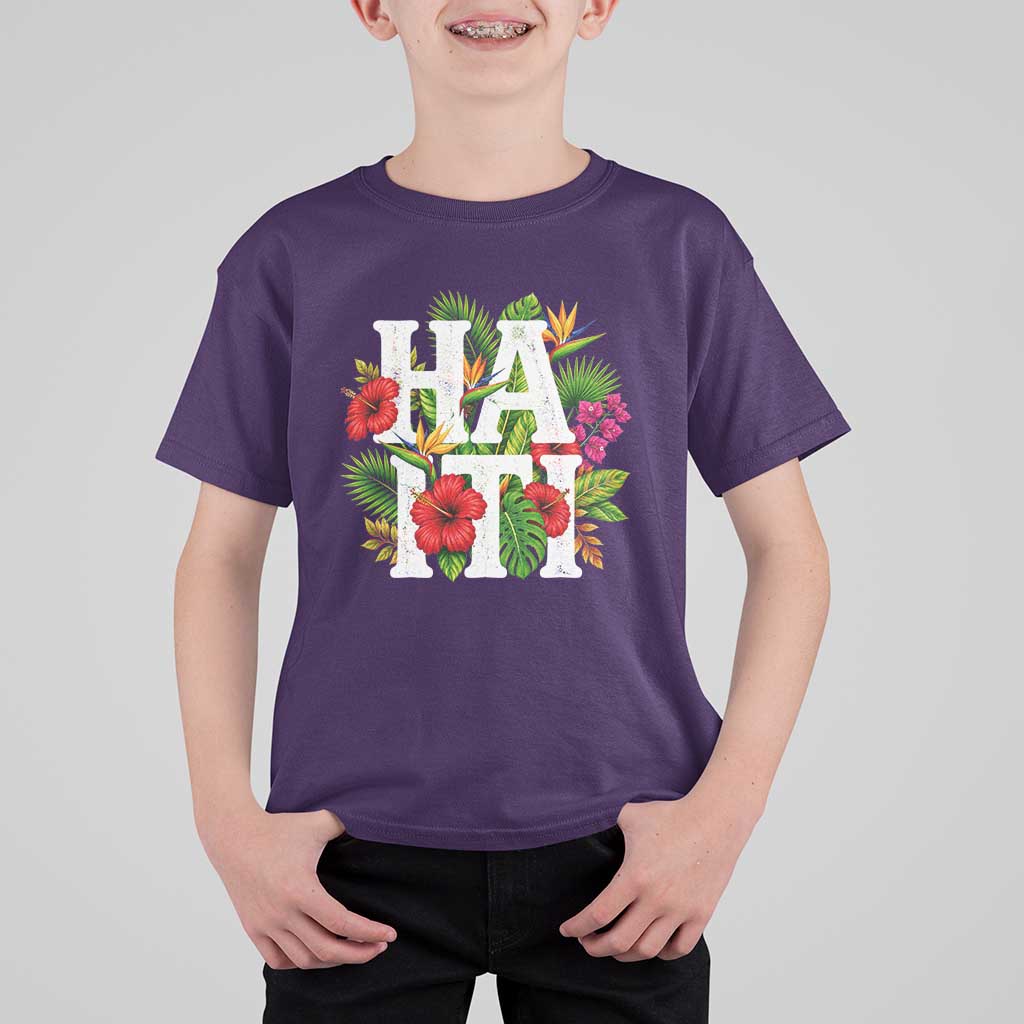 Haiti Tropical Floral Hibiscus Palm Leaves Island Graphic T Shirt For Kid Haitian Heritage Pride