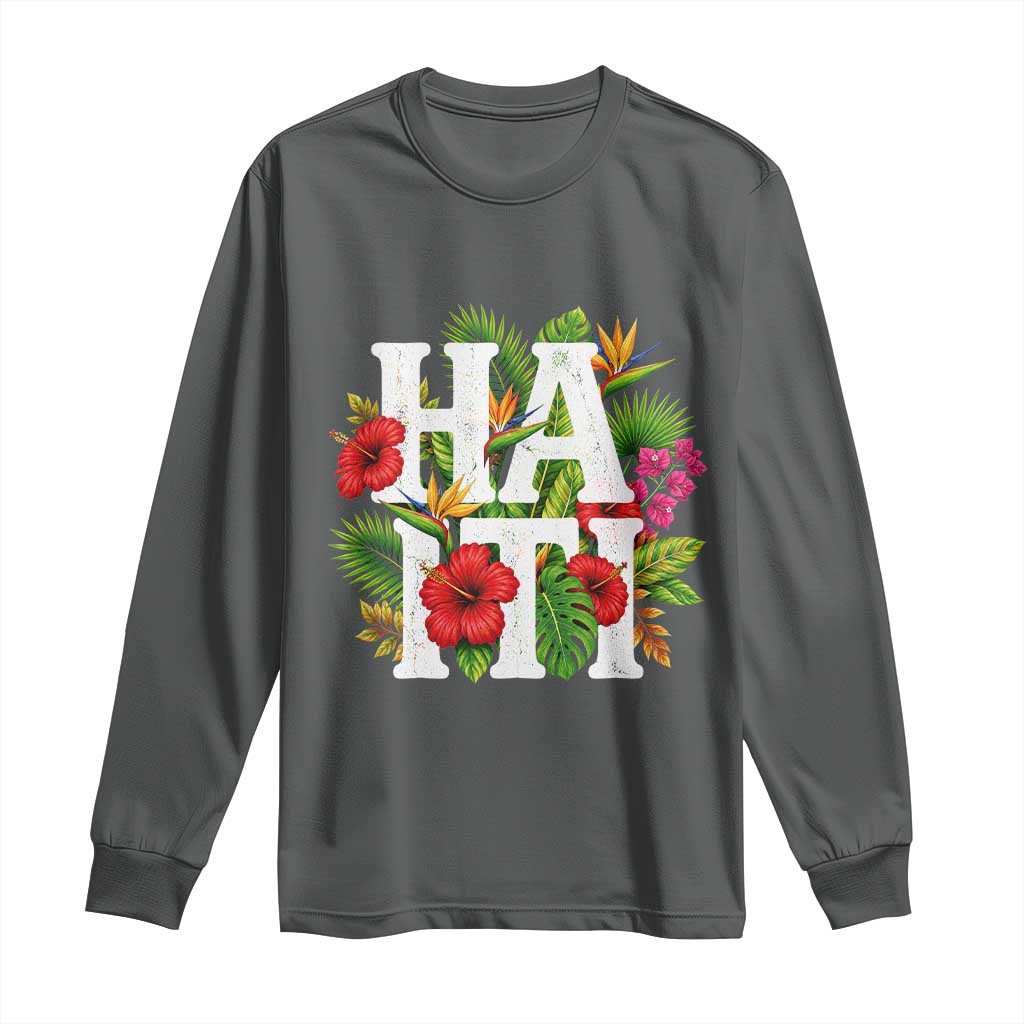 Haiti Tropical Floral Hibiscus Palm Leaves Island Graphic Long Sleeve Shirt Haitian Heritage Pride