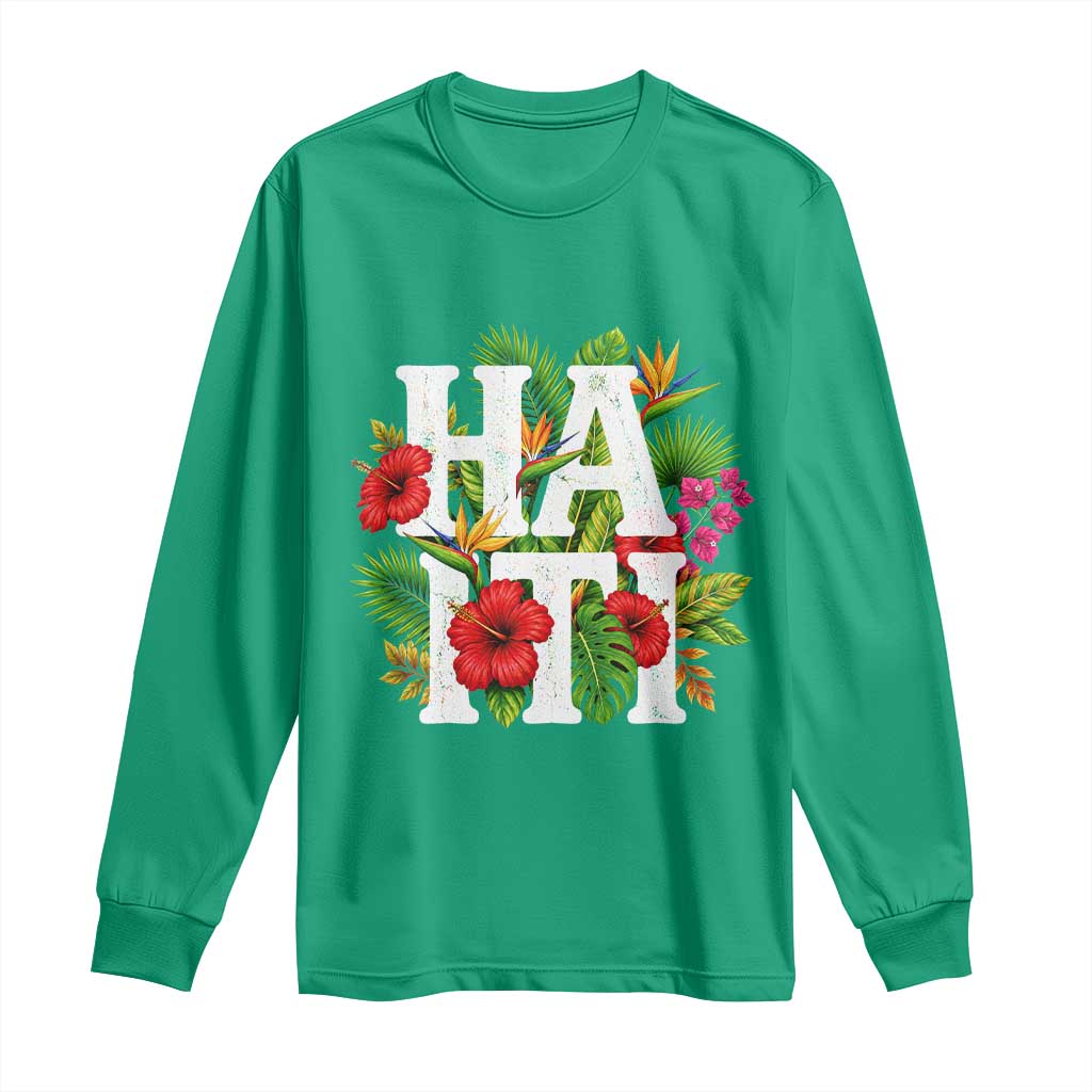 Haiti Tropical Floral Hibiscus Palm Leaves Island Graphic Long Sleeve Shirt Haitian Heritage Pride
