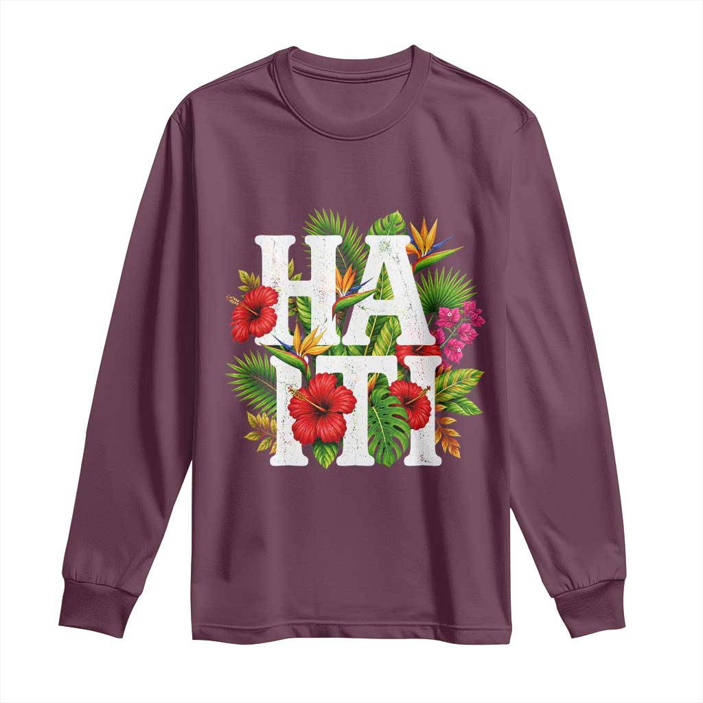 Haiti Tropical Floral Hibiscus Palm Leaves Island Graphic Long Sleeve Shirt Haitian Heritage Pride