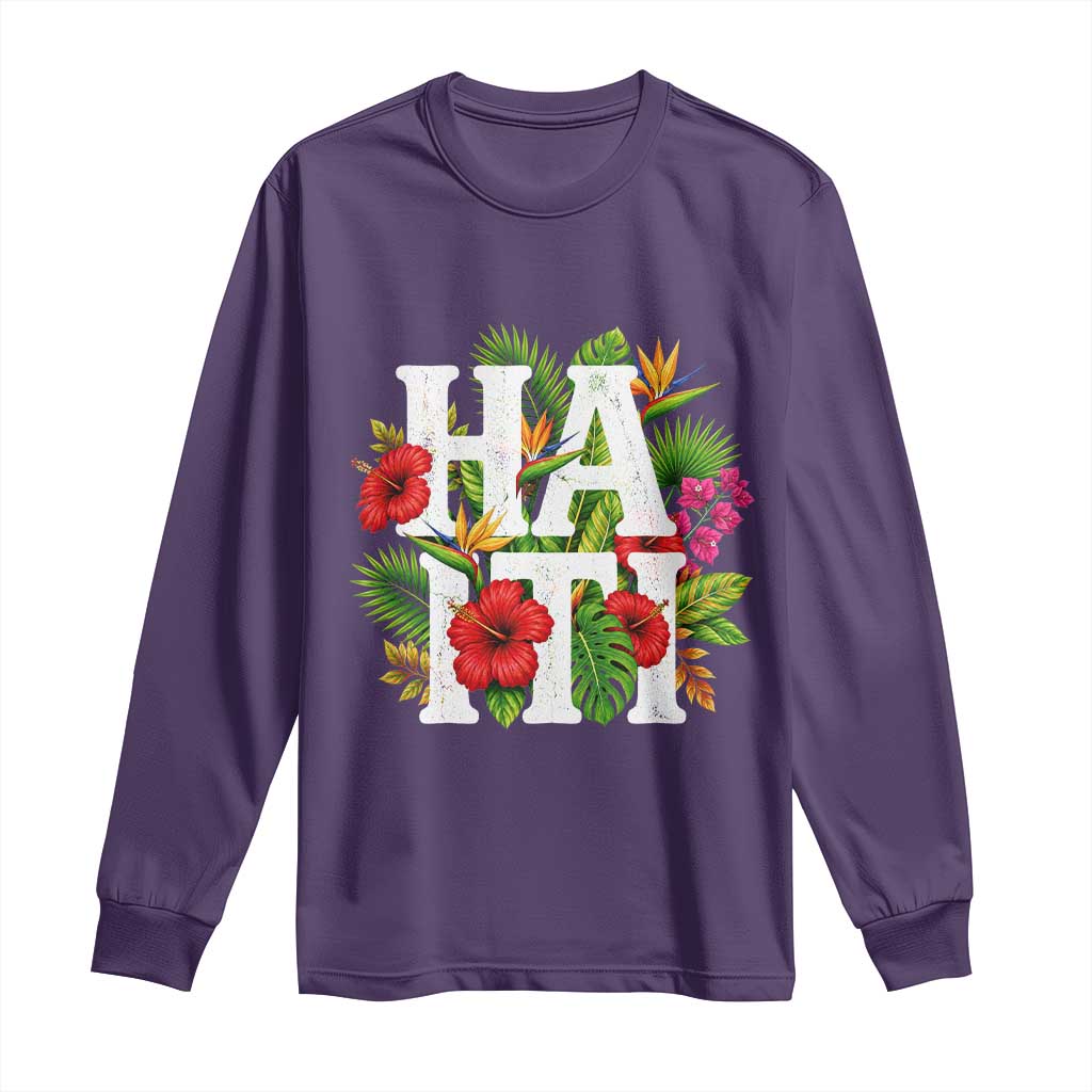Haiti Tropical Floral Hibiscus Palm Leaves Island Graphic Long Sleeve Shirt Haitian Heritage Pride