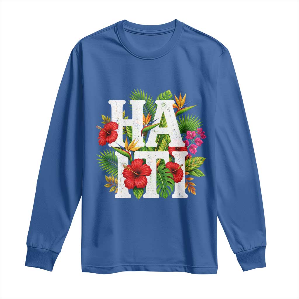 Haiti Tropical Floral Hibiscus Palm Leaves Island Graphic Long Sleeve Shirt Haitian Heritage Pride