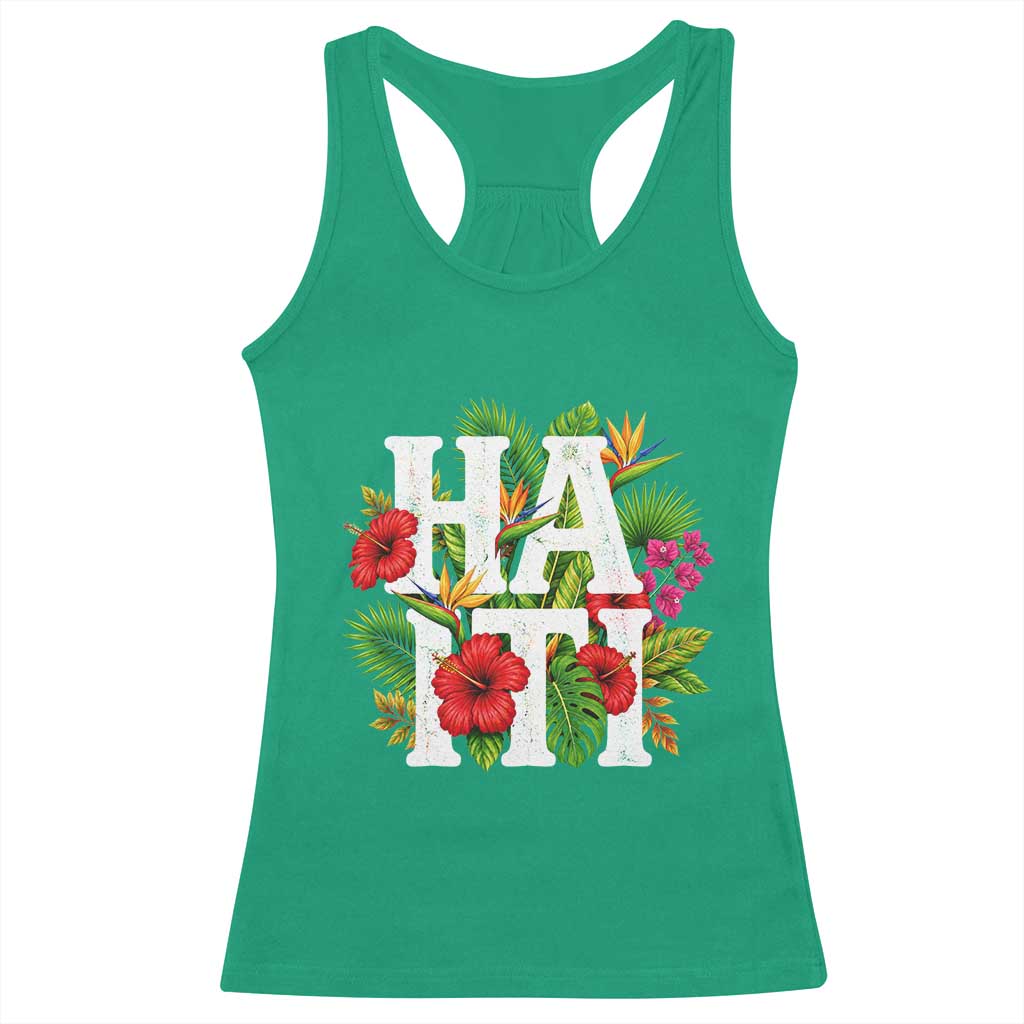 Haiti Tropical Floral Hibiscus Palm Leaves Island Graphic Racerback Tank Top Haitian Heritage Pride