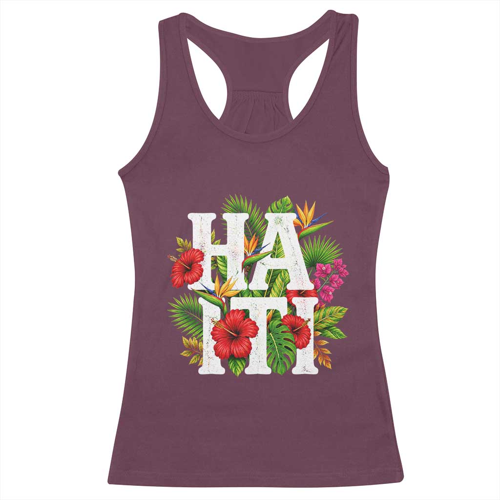 Haiti Tropical Floral Hibiscus Palm Leaves Island Graphic Racerback Tank Top Haitian Heritage Pride