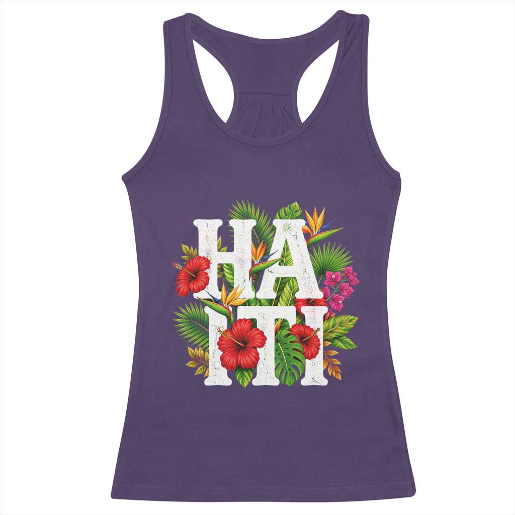 Haiti Tropical Floral Hibiscus Palm Leaves Island Graphic Racerback Tank Top Haitian Heritage Pride