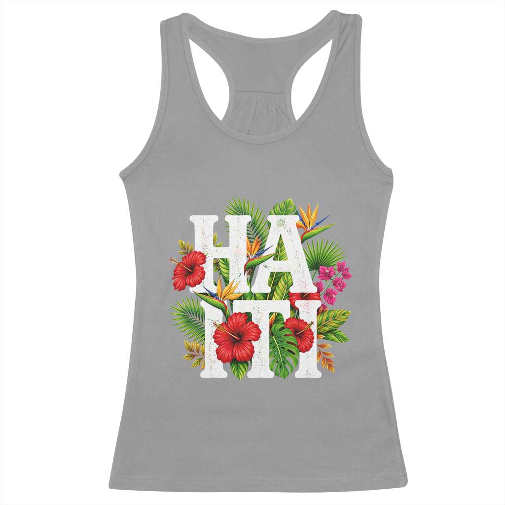 Haiti Tropical Floral Hibiscus Palm Leaves Island Graphic Racerback Tank Top Haitian Heritage Pride