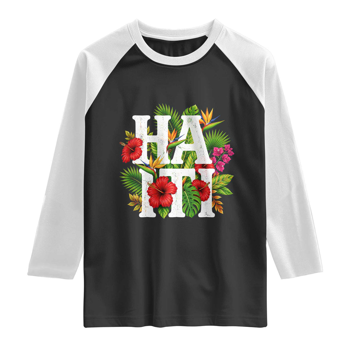 Haiti Tropical Floral Hibiscus Palm Leaves Island Graphic Raglan Shirt Haitian Heritage Pride