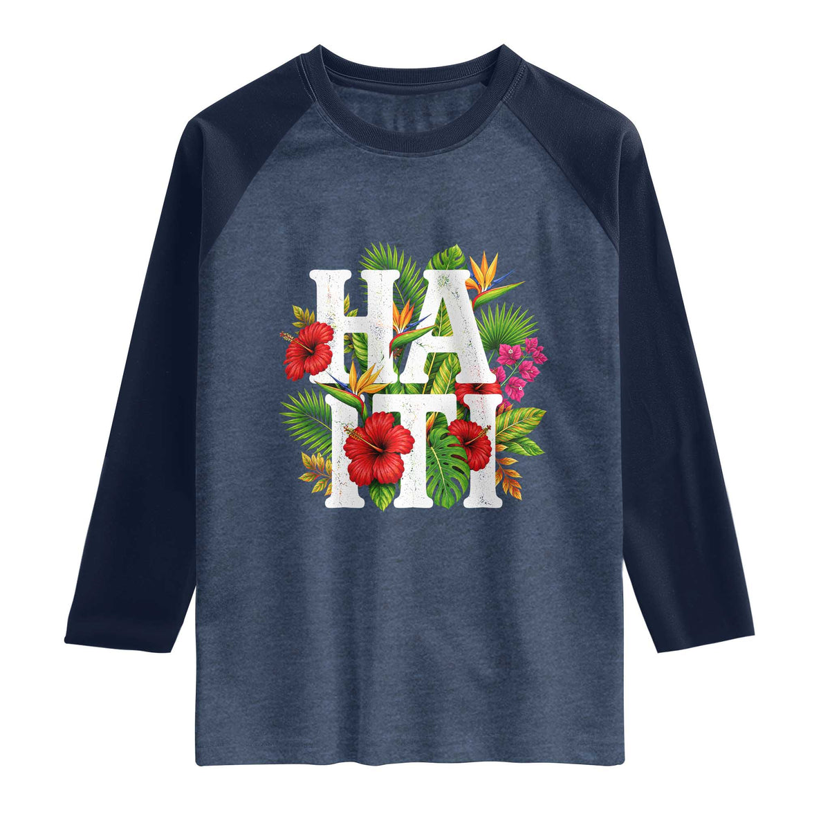 Haiti Tropical Floral Hibiscus Palm Leaves Island Graphic Raglan Shirt Haitian Heritage Pride