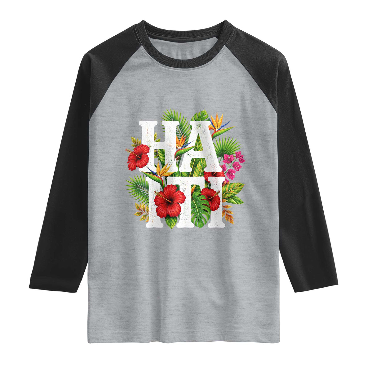 Haiti Tropical Floral Hibiscus Palm Leaves Island Graphic Raglan Shirt Haitian Heritage Pride