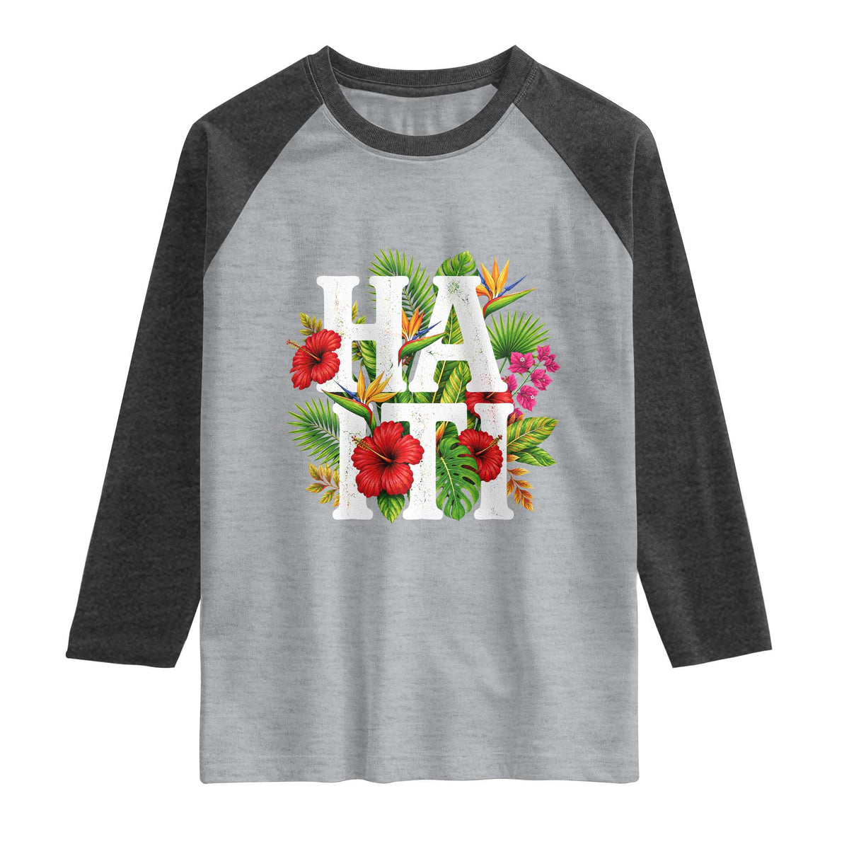 Haiti Tropical Floral Hibiscus Palm Leaves Island Graphic Raglan Shirt Haitian Heritage Pride
