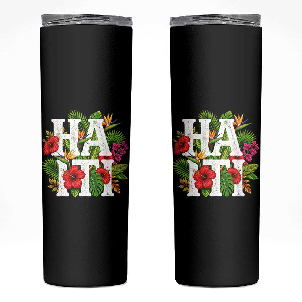 Haiti Tropical Floral Hibiscus Palm Leaves Island Graphic Skinny Tumbler Haitian Heritage Pride