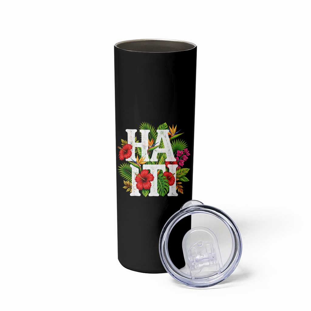 Haiti Tropical Floral Hibiscus Palm Leaves Island Graphic Skinny Tumbler Haitian Heritage Pride