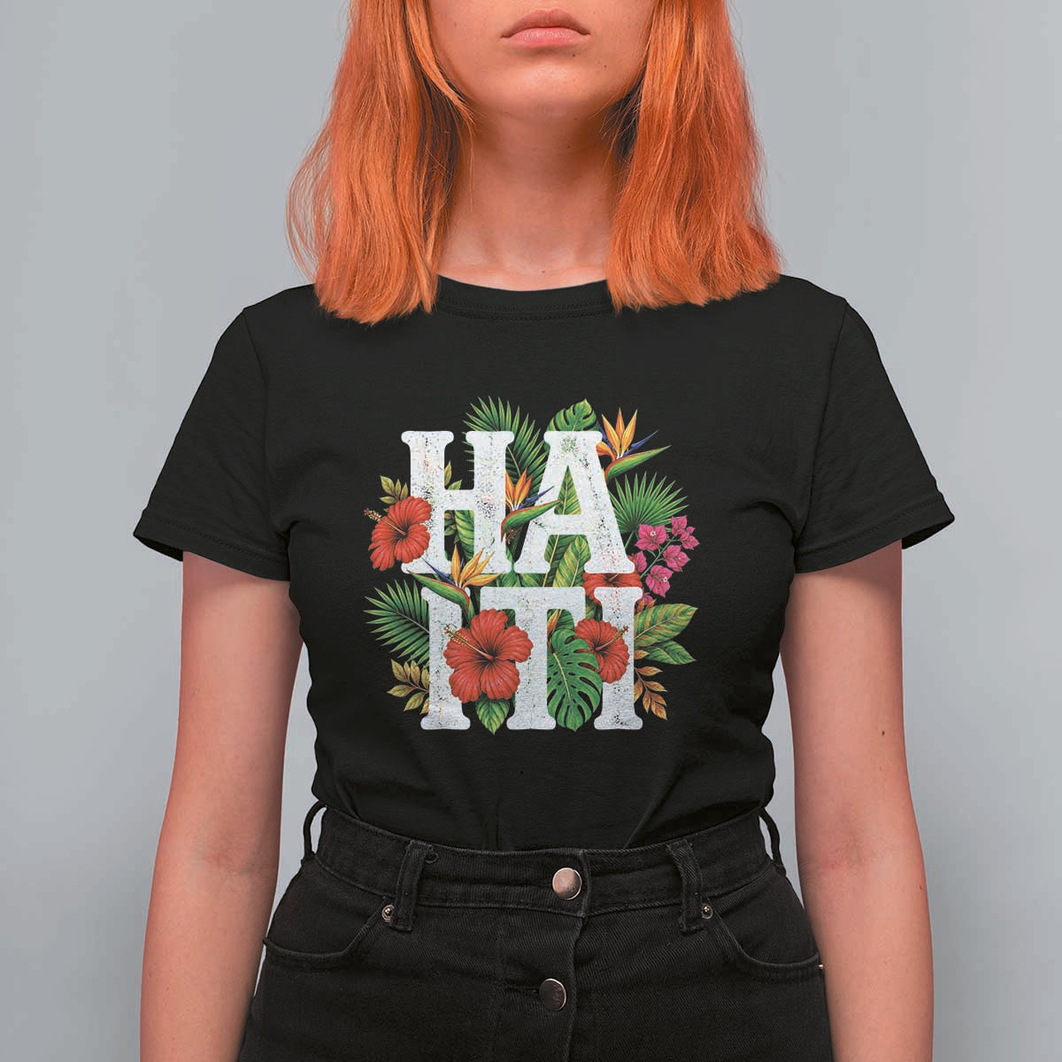 Haiti Tropical Floral Hibiscus Palm Leaves Island Graphic T Shirt For Women Haitian Heritage Pride