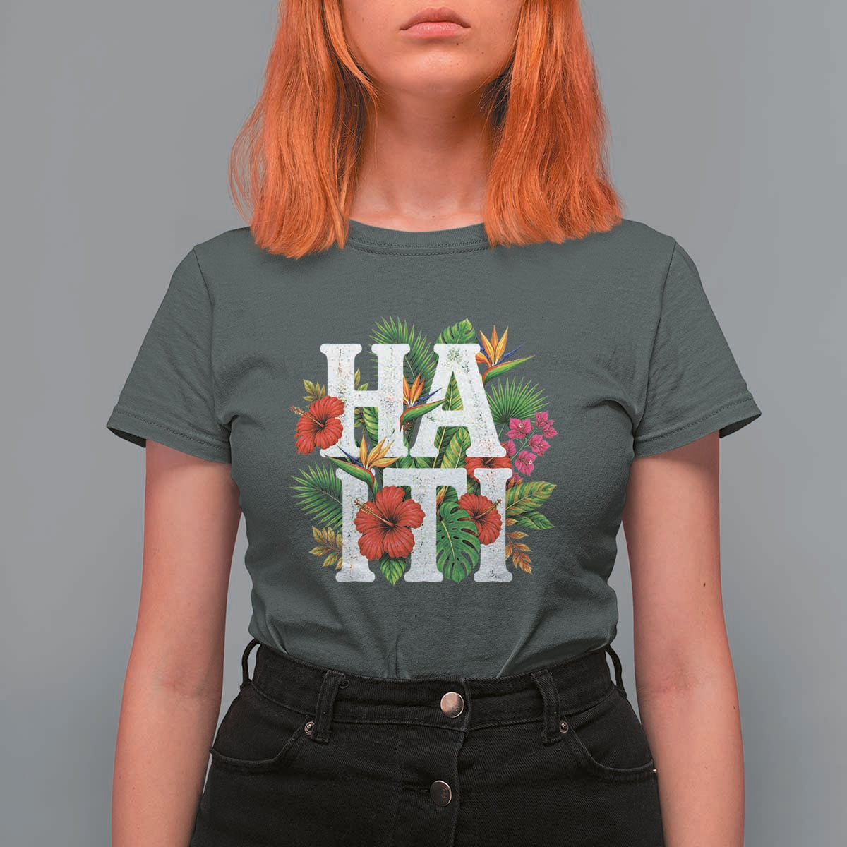 Haiti Tropical Floral Hibiscus Palm Leaves Island Graphic T Shirt For Women Haitian Heritage Pride